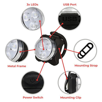 BICYCLE BIKE FRONT & REAR LIGHT SET ULTRA BRIGHT LED USB RECHARGEABLE - Live4gadgets