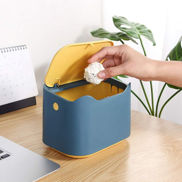 Desk Bin Trash Can with Lid, Mini Portable Table Waste Bin Desktop Dustbin Blue - Live4gadgets