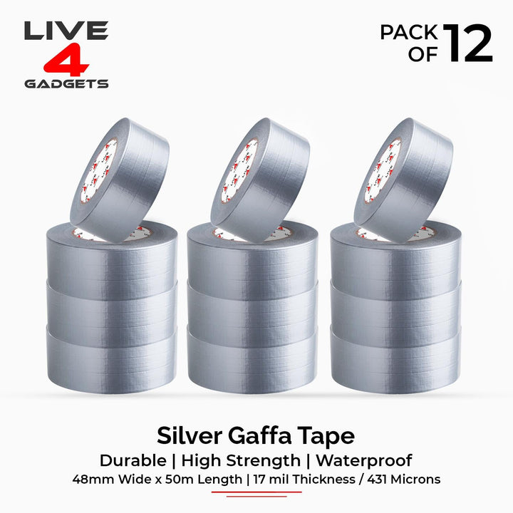 Duct Gaffer Tape Heavy Duty Waterproof Cloth Gaffa Duck Black Silver 50m x 12 - Live4gadgets