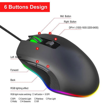 UPGRADED 2021 6400 DPI 6 BUTTONS USB LED OPTICAL WIRED GAMING GAME MOUSE MICE - Live4gadgets