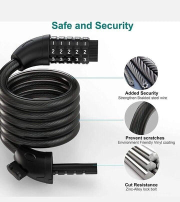 5-Digit Code Bike Lock Heavy Duty Security Cable Chain Combination Mount 1.0M - Live4gadgets