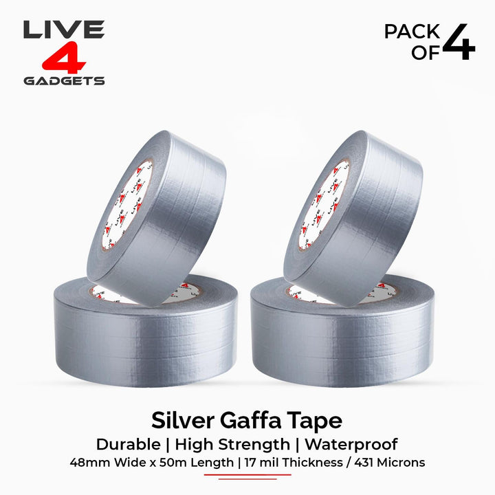Duct Gaffer Tape Heavy Duty Waterproof Cloth Gaffa Duck Black Silver 50m x 4 - Live4gadgets