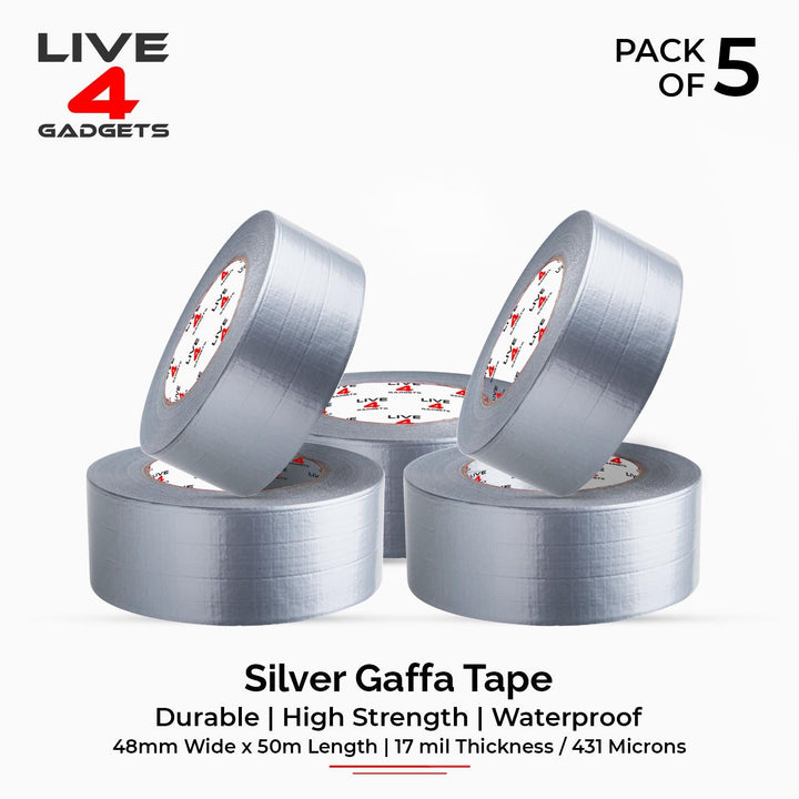 Duct Gaffer Tape Heavy Duty Waterproof Cloth Gaffa Duck Black Silver 50m x 5 - Live4gadgets