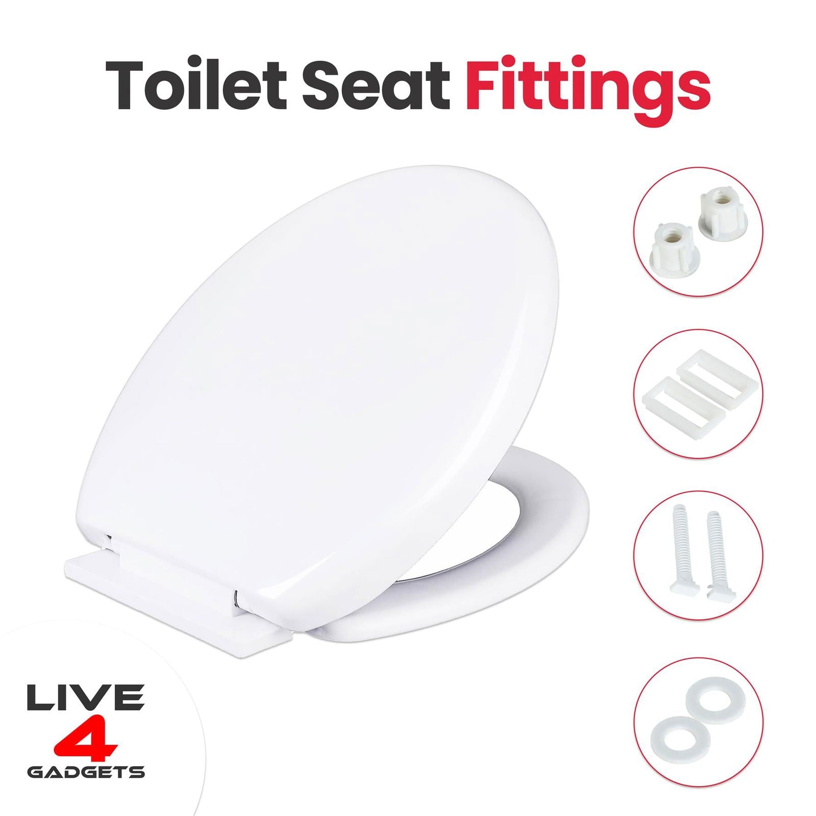 Live4Gadgets Slow Soft Close Toilet Seats White, Top Fixing, Stay Tight Toilet Lid Oval Shape Heavy Duty Urea Formaldehyde Anti Bacterial Material Hygienic Easy To Clean For Bathroom Washroom Home