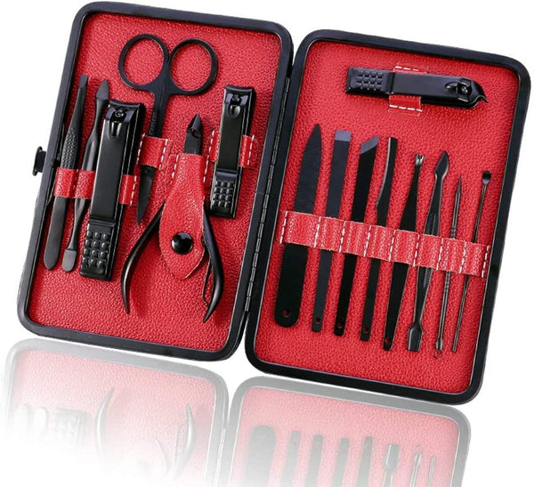 Manicure Set Nail Set Nail Clipper Kit Professional - Stainless Steel Pedicure Set Nail Grooming Kit of 12pcs with Case for Travel (Black/Red) - Live4gadgets